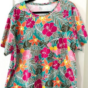 Kim Rogers Perfectly Soft Top Women's 2X Tropical Floral Short Sleeve Cotton